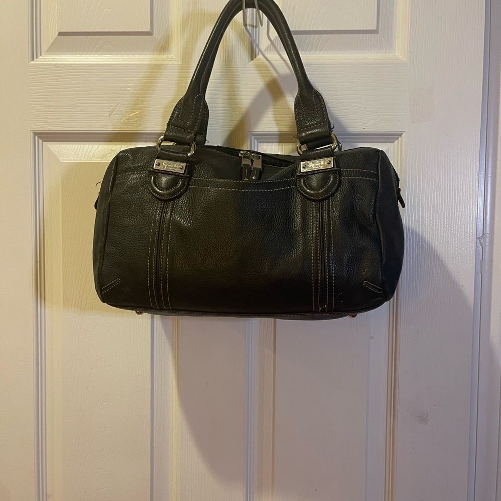 Tignanello leather black Medium Satchel silver tone hardwares.